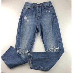 Pacsun Distressed High Rise Dad Jeans Dark Wash 100% Cotton Ripped Knees w27